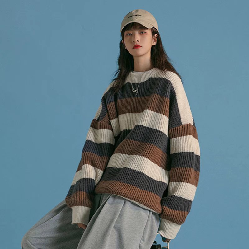 Áo Sweater Dệt Kim Cổ Tròn Họa Tiết Kẻ Sọc Phong Cách Hàn Quốc Thời Trang Thu Đông Cho Nam