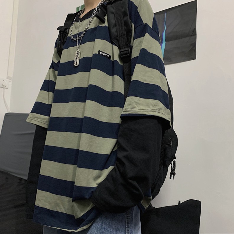Áo Thun Tay Dài Dáng Rộng Kẻ Sọc Giả Nhiều Lớp Phong Cách Retro Harajuku 126716