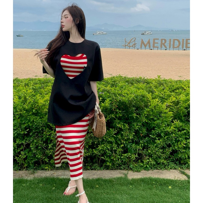 Đầm Thun Ngắn Tay Xẻ Tà Kẻ Sọc Đỏ Gợi Cảm Thời Trang Mùa Hè Cho Nữ