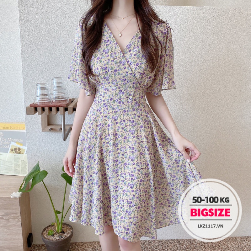 Đầm hoa nhí Bigsize Váy nữ tay ngắn cổ chữ v che bụng mỡ ôm eo mùa hè Phong cách Hàn Quốc Thời Trang tiểu thư cá tính xinh đẹp cho người mập béo