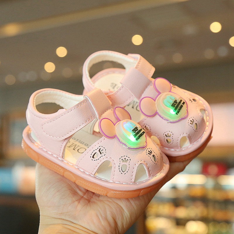 Giày Cao Su Tập Đi Có Đèn LED Hình Chuột Mickey Hoạt Hình Cho Bé 0-1 Tuổi