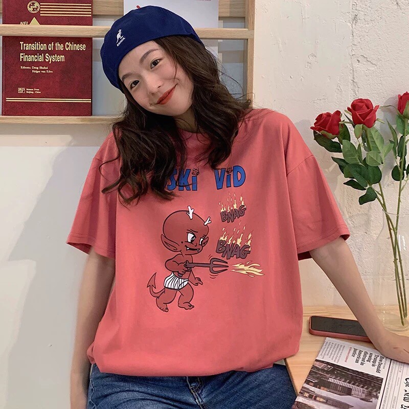 Áo thun nữ form rộng tay lỡ giấu quần dáng unisex ,mặc cặp nhóm , lớp in hình dễ thương