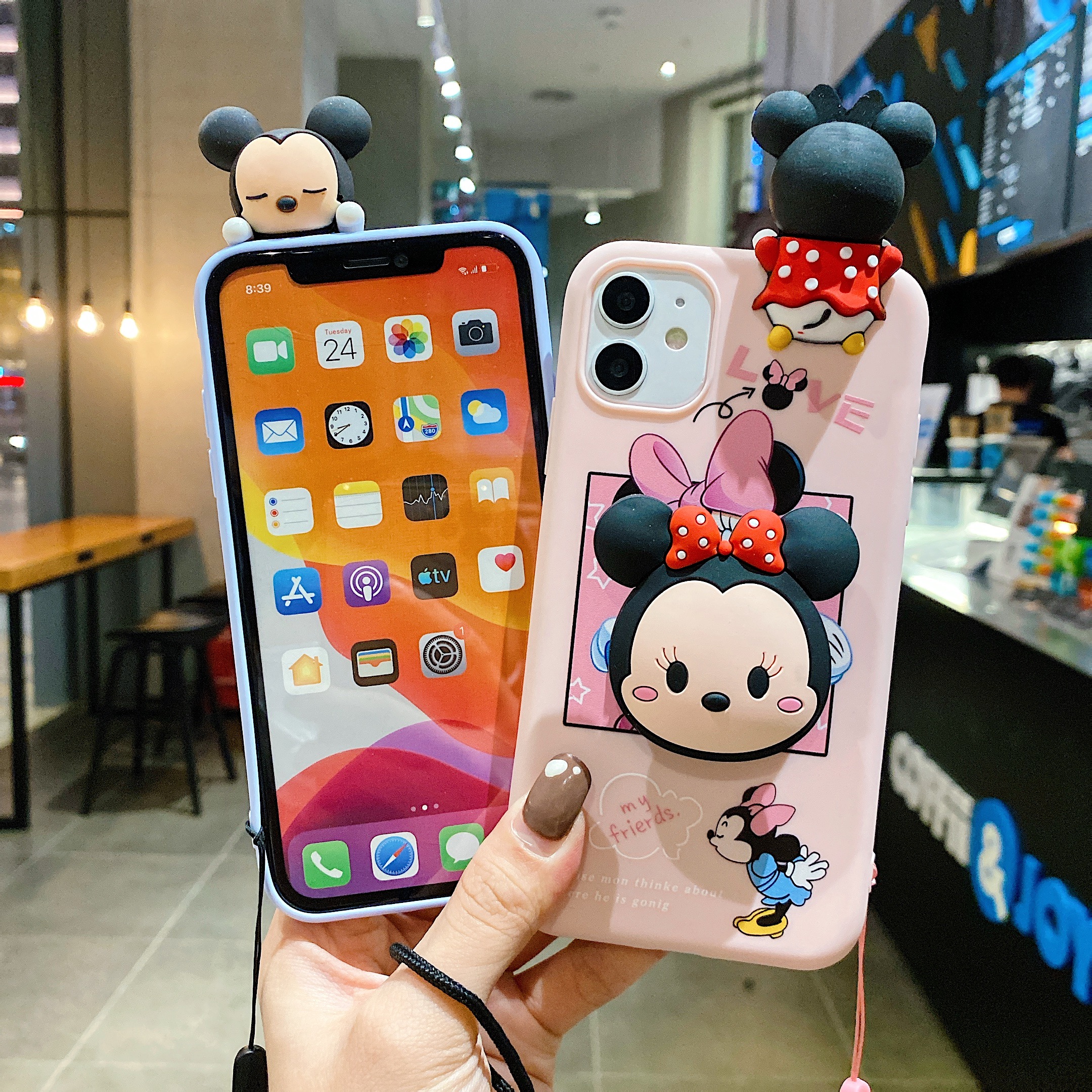 Ốp điện thoại TPU họa tiết Mickey/Minnie có dây đeo dành cho iPhone 12 11 Pro Max X XS MAX XR iPhone 6 6s 7 8 Plus