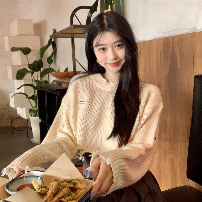 ZHELIHANGFEI Áo sơ mi dệt kim tay dài cổ cao gợi cảm - vai ngọt ngào đa năng