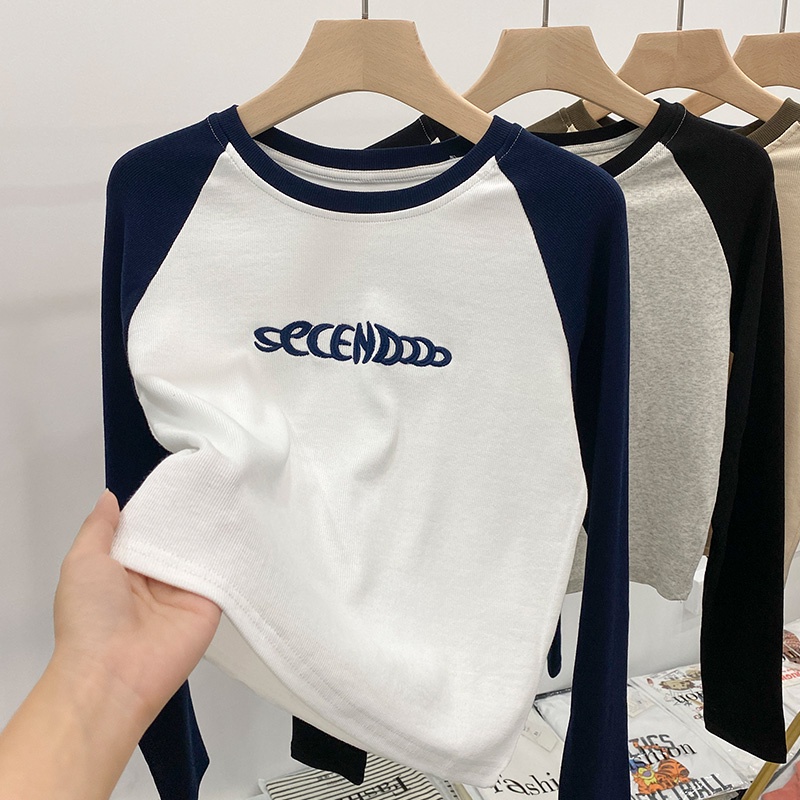 Áo Thun Ngắn Dài Tay Thêu Chữ Màu Sắc Tương Phản Phong Cách Retro Mỹ 54638