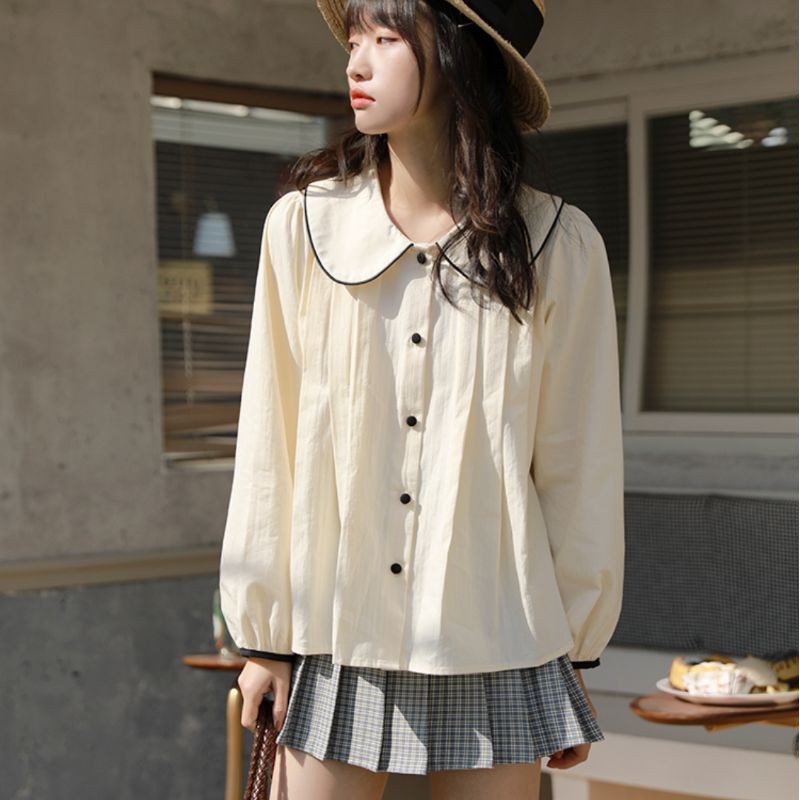 áo sơ mi cổ sen viền đen vintage ảnh thật
