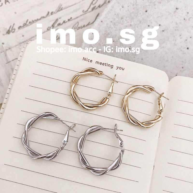 004S3 Bông tai tròn xoắn đôi ánh vàng imo.sg tự chụp có sẵn bạc 925 sang xịn chất lạ phong cách Hàn Quốc ulzzang