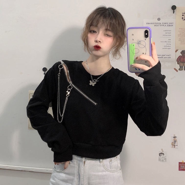 Áo Sweater Trễ Vai Cổ Tròn Tay Dài Dáng Rộng Màu Đen Phong Cách Hàn Quốc Thời Trang Xuân Thu Cho Nữ 2021