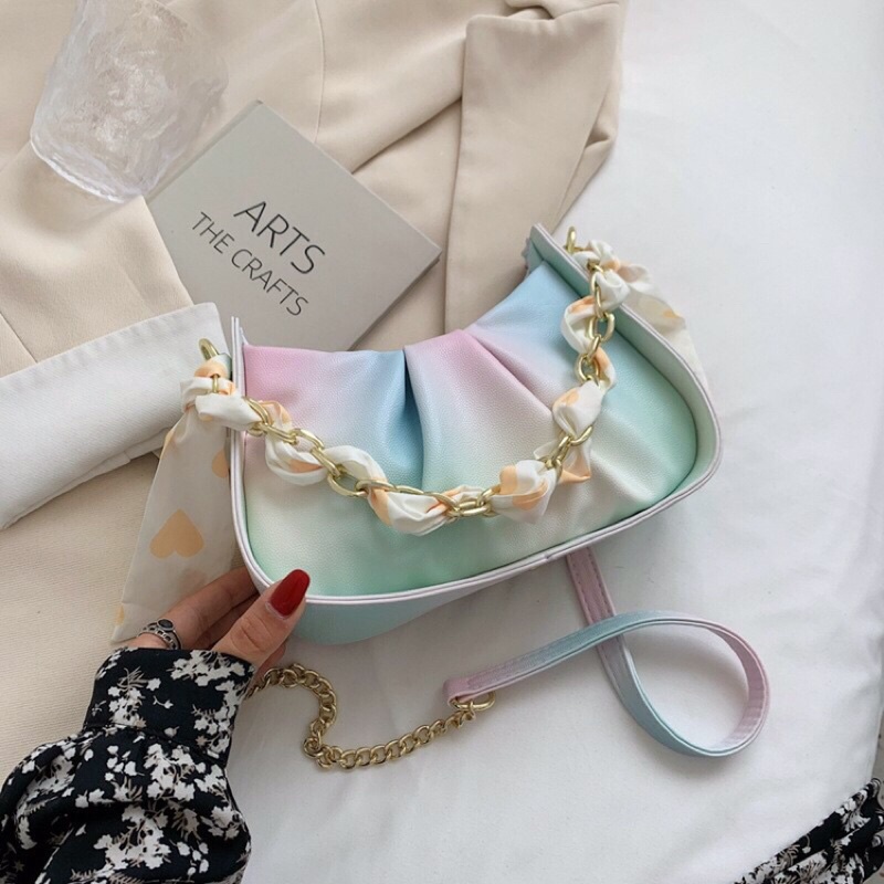 Túi Xách Đeo Vai Da Nhúm Hoạ Tiết Loang Hồng Xanh Hottrend