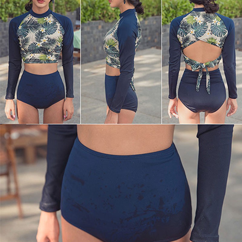 Set Đồ Bơi Dài Tay + Áo Ngực Tam Giác Màu Trơn Cho Nữ