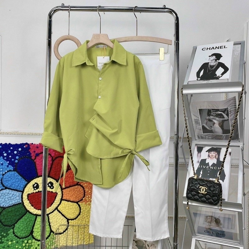 Set áo sơ mi bơ kèm quần tây trắng siu sang phong cách LNĐ