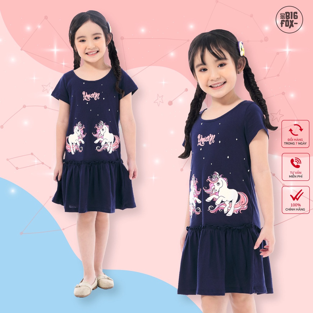 Đầm Hè Cho Bé Gái Miss Meow Tới Size Đại. Váy Cotton Thun Trẻ Em Bèo Gấu In Hình Ngựa Unicorn Màu Navy 3-11 Tuổi