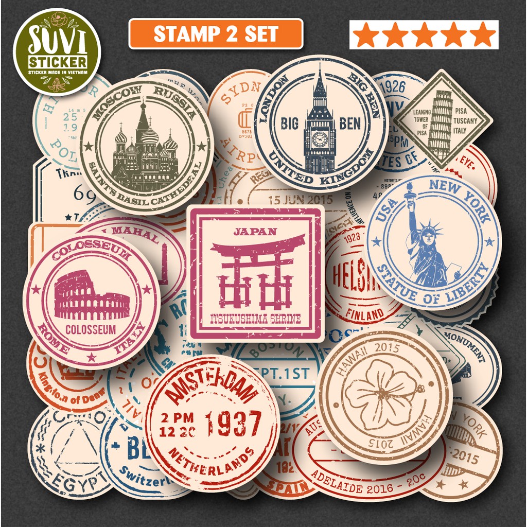 50 Sticker Retro Stamp 2 chống nước sticker dán laptop, điện thoại, đàn guitar, mũ bảo hiểm. MSP: V16