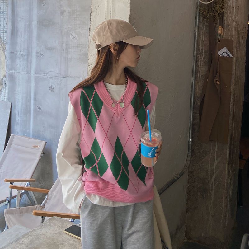 Áo gile len họa tiết hình học đơn giản thời trang phong cách Hàn Quốc