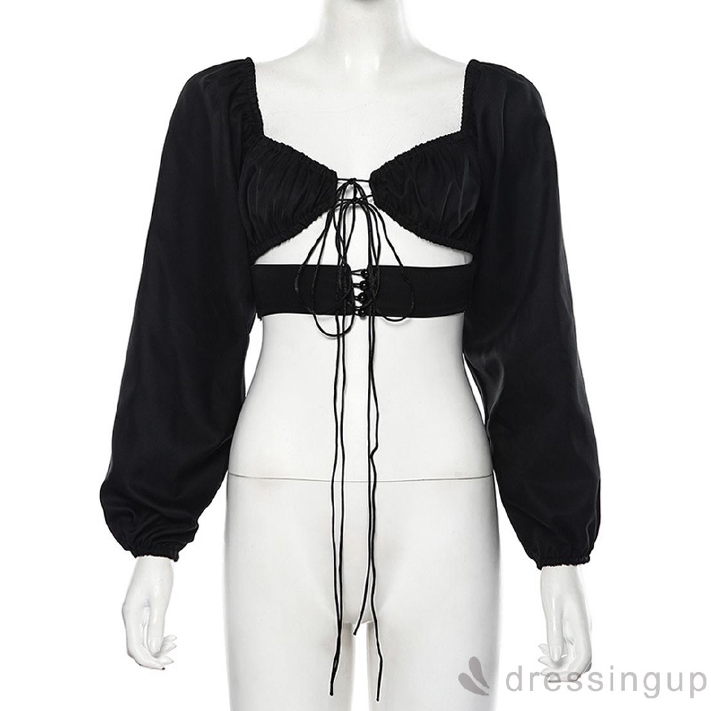 Áo croptop thiết kế dây buộc trước ngực tay dài form ôm tôn dáng gợi cảm