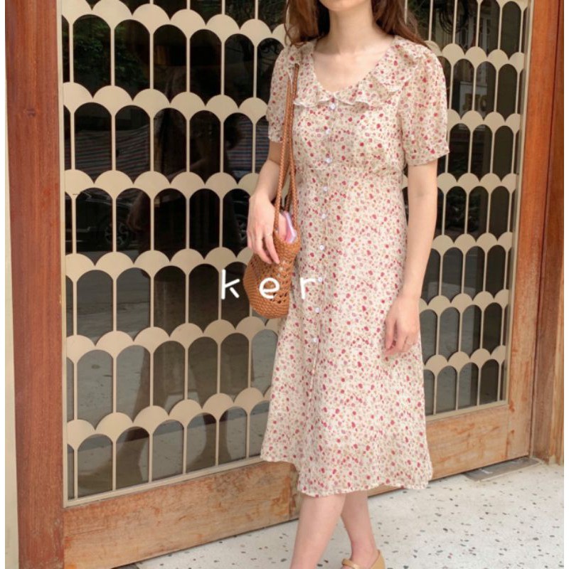 Váy hoa nhí vintage cổ bèo cài cúc thật phong cách ulzzang Hàn Quốc