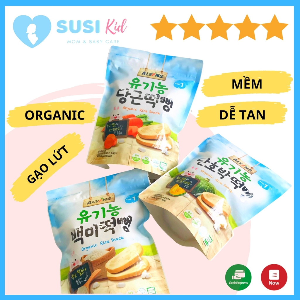 [ BÁNH HỮU CƠ] Bánh Gạo Ăn Dặm Hữu Cơ Alvins Cho Bé, Gói 30gr 6th+ Mau Tan, Dạng Miếng Dễ Cầm Nắm.