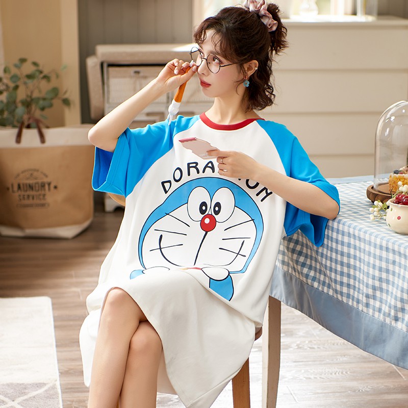 Bộ Đồ Ngủ Cotton Ngắn Tay In Họa Tiết Mèo Doraemon Thời Trang Hè 2021 Cho Nữ