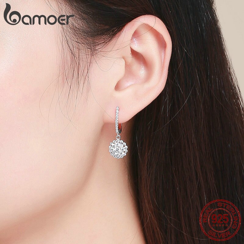 Bông Tai Bamoer SCE517 Bằng Bạc 925 Thật Hình Tròn Đính Đá Zircon Dành Cho Nữ