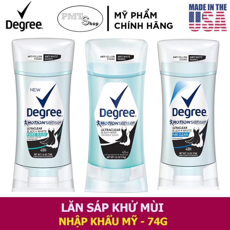 Lăn sáp khử mùi nữ Degree Motionsense Black &amp; White 74g Pure Rain , Clean chống ố áo