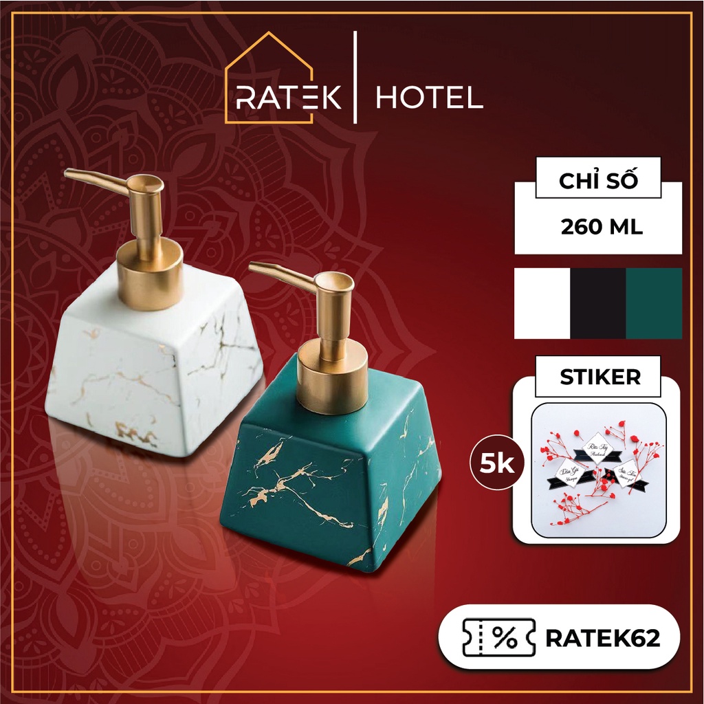 Bình chiết sứ đựng sữa tắm dầu gội xà phòng nước rửa tay vuông 260ml gốm cao cấp trong khách sạn