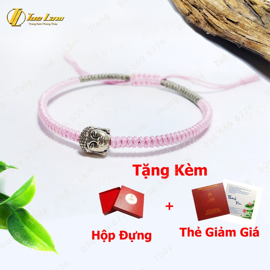 Vòng tay chỉ may mắn màu hồng bện handmade kiểu tây tạng mặt phật nhỏ bình an - Tuệ Lâm