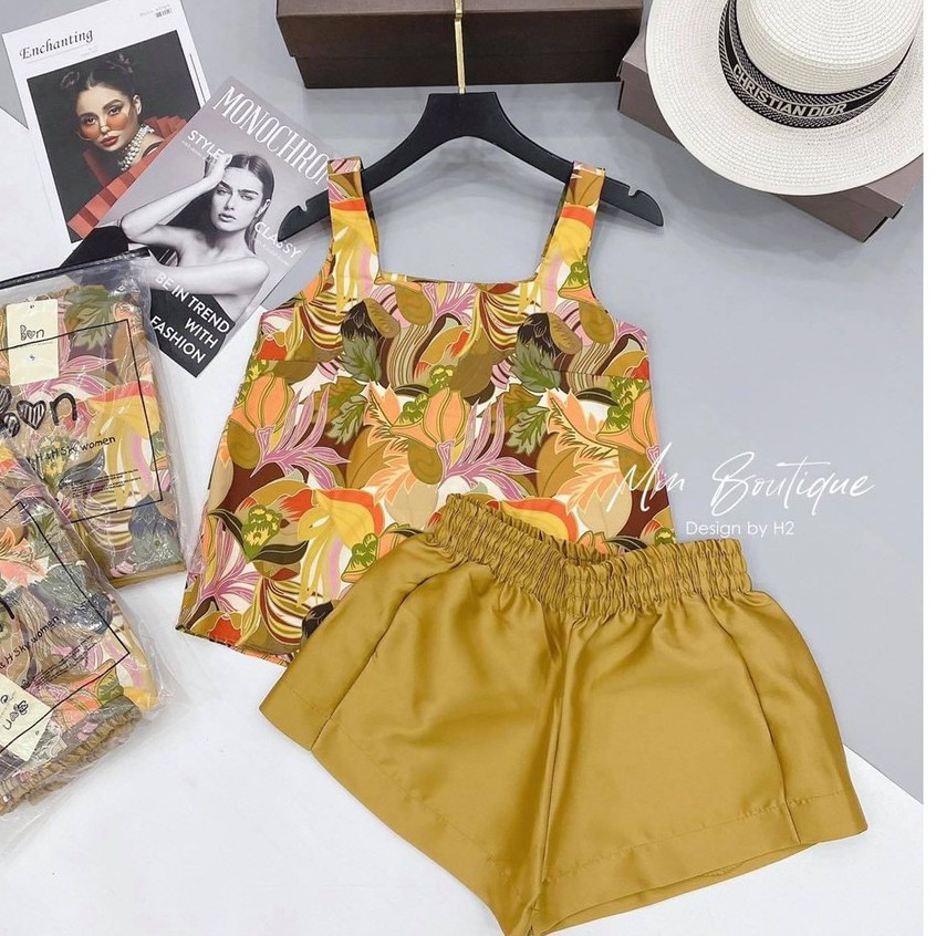 Set Áo Hoa Lá Vàng 2 Dây Quần Sooc | BigBuy360 - bigbuy360.vn