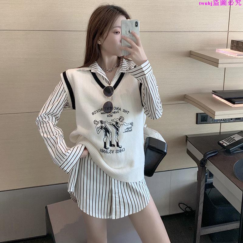 Set Áo Sơ Mi Tay Dài Kẻ Sọc Và Áo Khoác Ghi Lê Cổ Chữ V Thời Trang Trẻ Trung | BigBuy360 - bigbuy360.vn