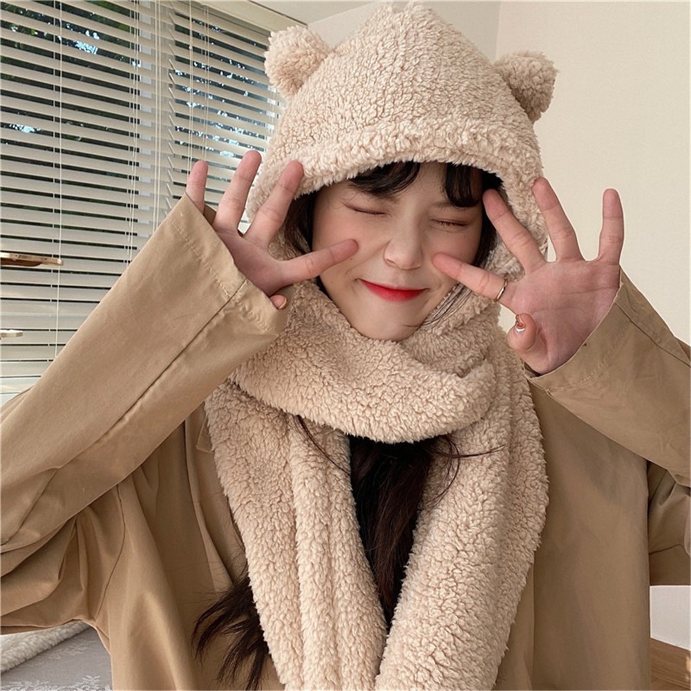 Cod In Stock New Winter Cute Bear Ear Hat Bib Parent-child Warmth Thick Hat Scarf