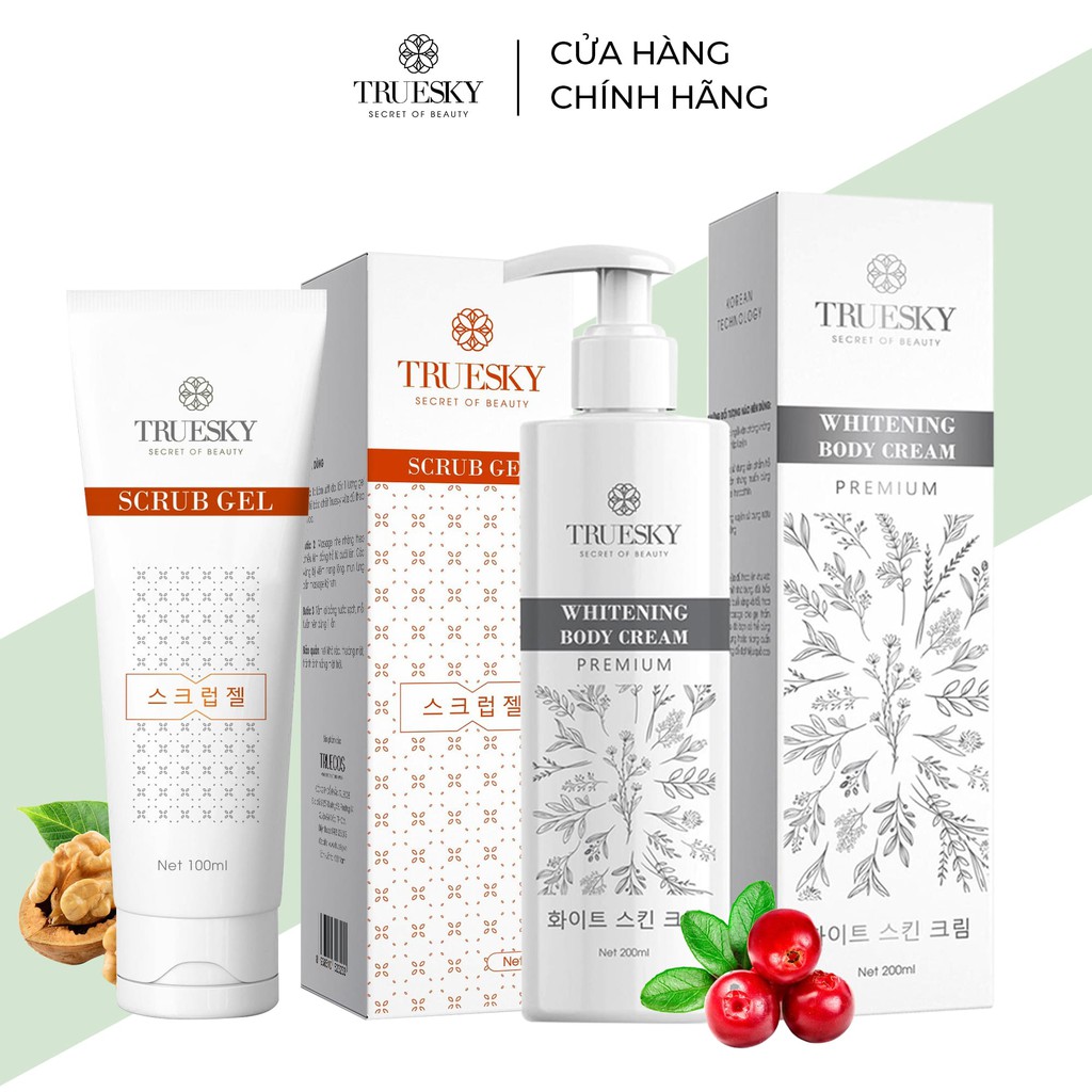Bộ tắm trắng body Truesky Premium VIP11 cao cấp gồm 1 kem ủ trắng body 200ml & 1 kem tẩy tế bào chết 60ml