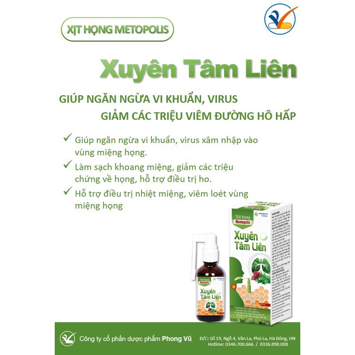 XỊT HỌNG METOPOLIS XUYÊN TÂM LIÊN – Hỗ trợ ngăn ngừa vi khuẩn, làm sạch khoang miệng, giúp giảm ho (30ml)