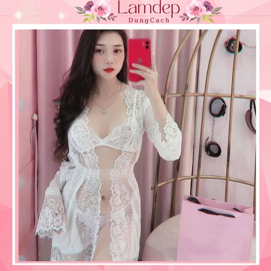 Áo choàng ngủ ren kèm nội y - Váy ngủ xuyên thấu siêu mỏng sexy tay dài gợi cảm CTD1057