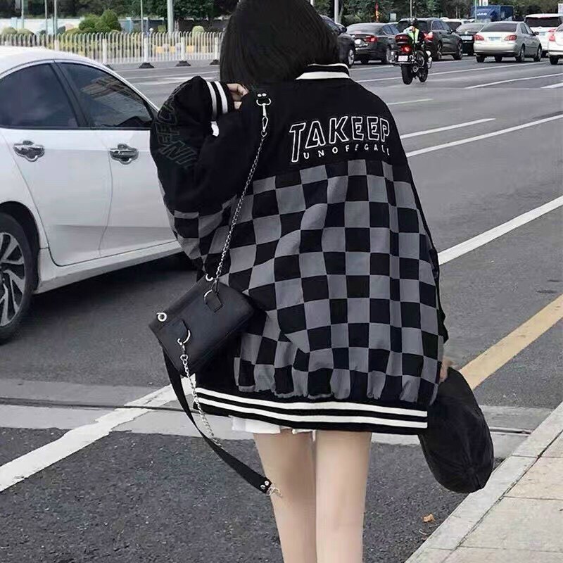 Áo Khoác Bomber Nỉ TAKEEP 🦋 Áo Bóng Chày Unisex Dáng Rộng Caro 🦋