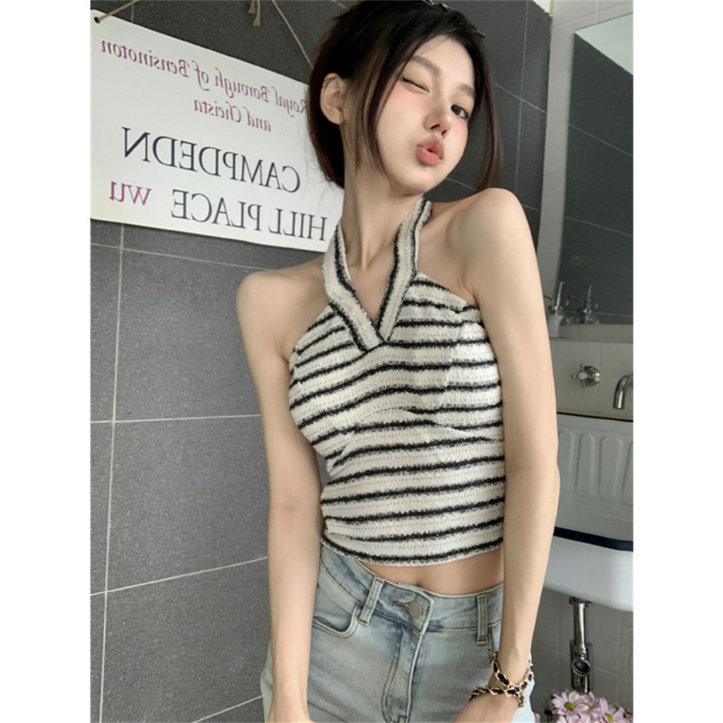 QADCOL Áo Lửng Hai Dây Dáng Ôm Họa Tiết Kẻ Sọc Thời Trang Mùa Hè Mới Dành Cho Bạn Nữ