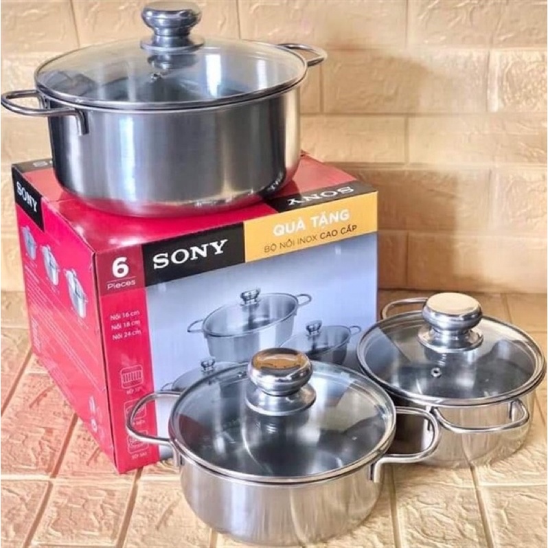 Bộ 3 nồi inox SONY cao cấp nấu được tất cả các bếp nắp Inox size 16-18-24cm