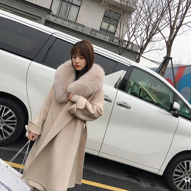 Áo khoác/choàng dạ cashmere dày mịn cổ lông thú ulzzang dáng dài sang chảnh hàng cao cấp