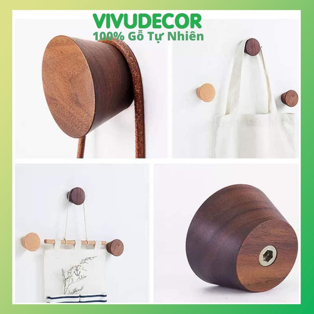 Móc treo tường Vivudecor hình nón đa năng vừa dán vừa khoan vít, Móc treo quần áo 100% gỗ tự nhiên.