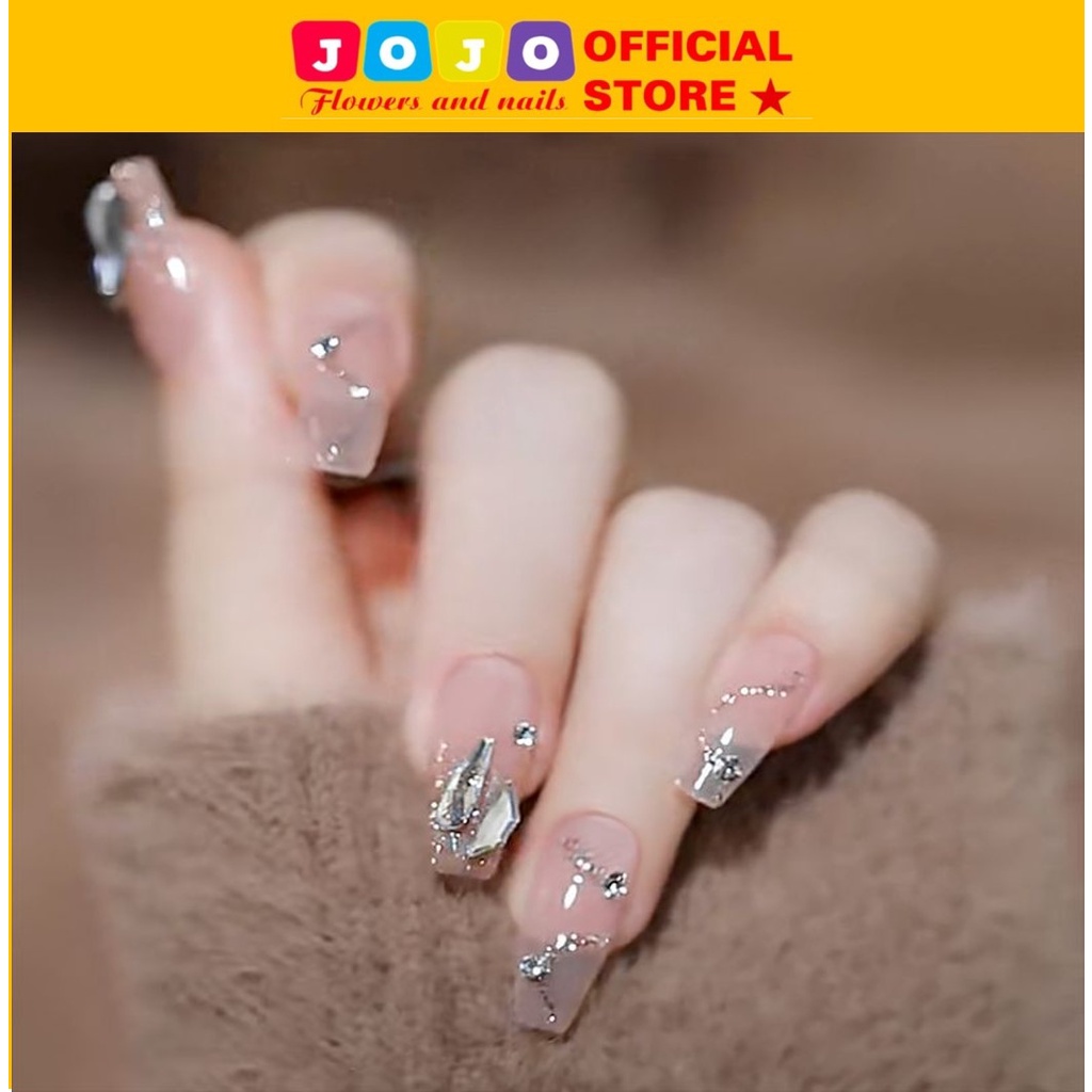 Móng tay giả form dài đính đá Jojo shop set 24 móng kèm keo