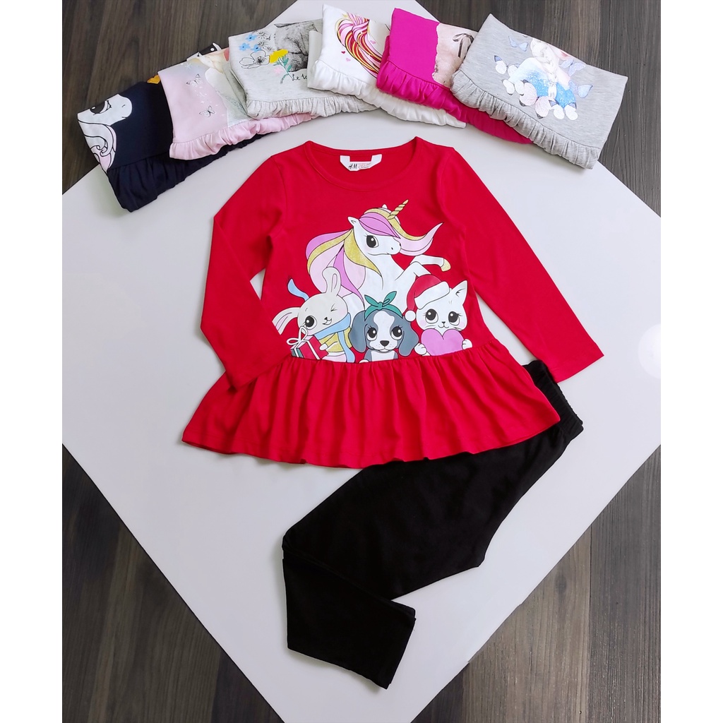 Set áo váy + quần legging thun cotton bé gái 4-14T họa tiết Mèo Thỏ Elsa Pony đáng yêu