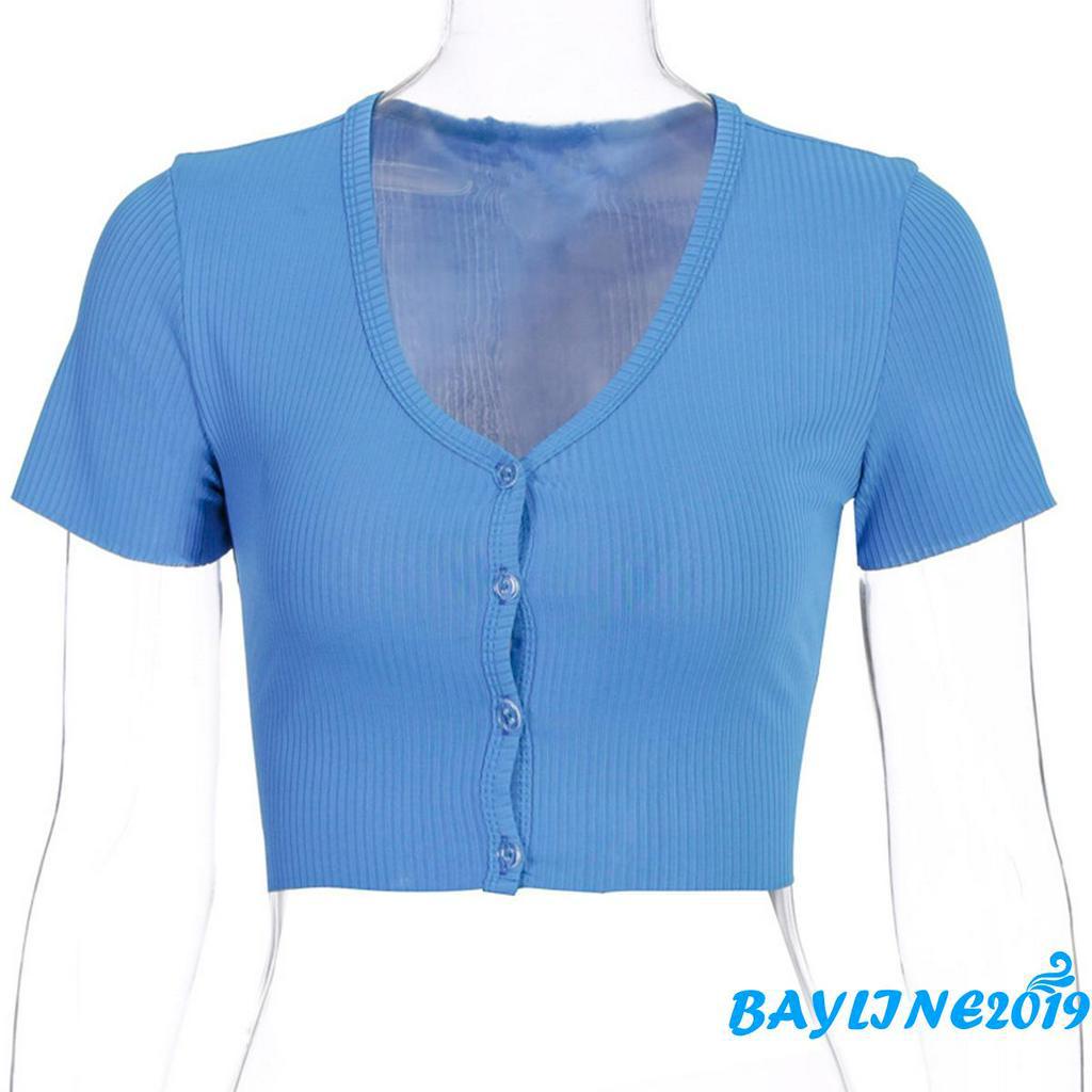 Áo Croptop Dệt Kim Tay Ngắn Cổ Chữ V Thiết Kế Đơn Giản Cho Nữ