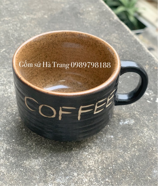 Cốc cafe nóng gốm sứ Bát Tràng cao cấp không chì men đen khắc chữ  Coffee