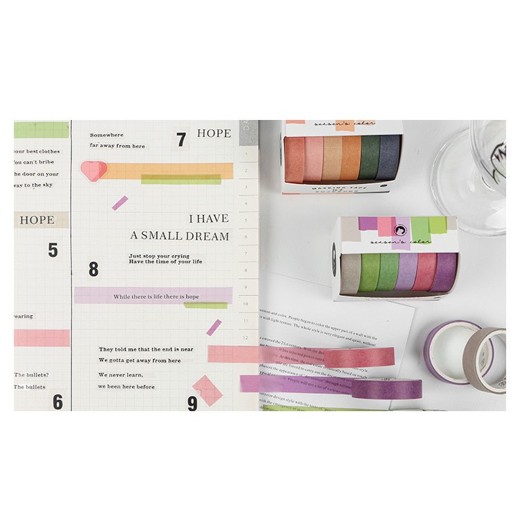 Hộp 6 băng dính trang trí sắc màu đơn giản washi tape