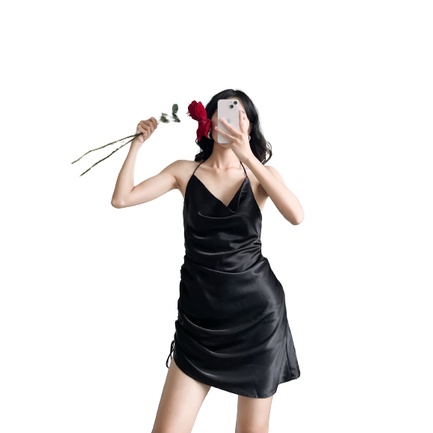 Đầm Lụa Hở Lưng Cổ Đỗ Nhún Hông Váy Thiết Kết Form Chuẩn 2 Lớp Cao Cấp MIRA Fashion