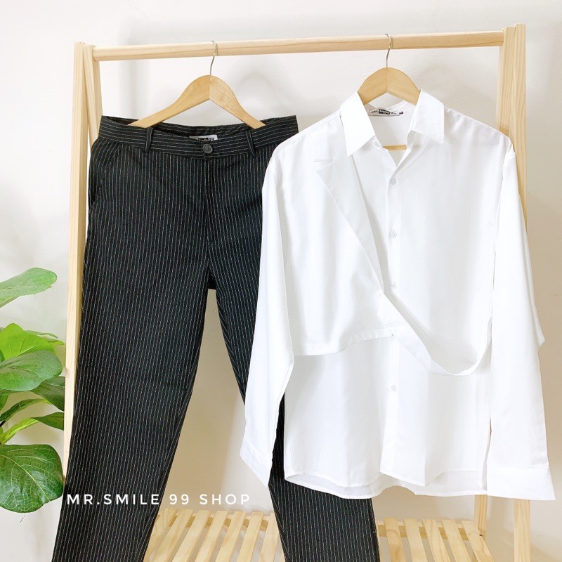 ÁO SƠ MI BASIC TRẮNG ĐEN TAY DÀI PHỐI CỔ VEST THỜI TRANG MR SMILE 99 SHOP | BigBuy360 - bigbuy360.vn