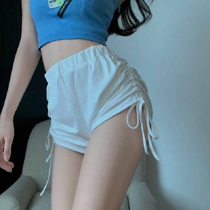 HIIXIIVI Quần Short Thể Thao Lưng Cao Ống Rộng Màu Đen Phối Dây Rút Thời Trang Mùa Hè 2022 Cho Nữ