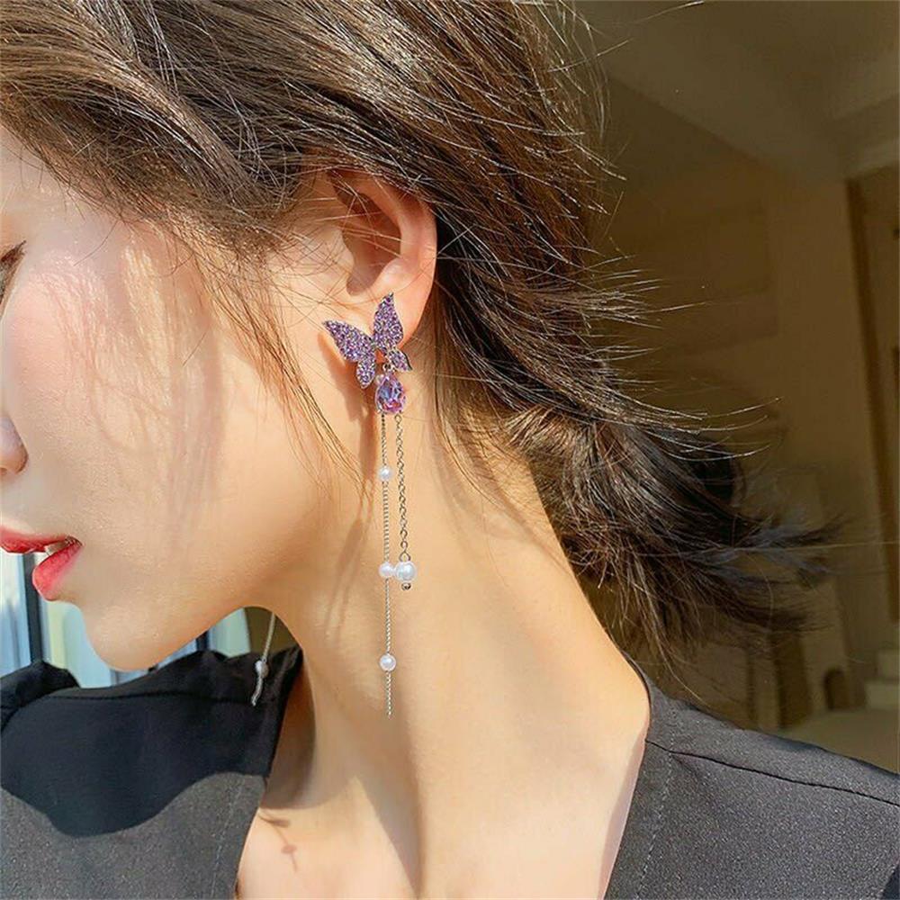 Khuyên tai tua rua hình bướm đính đá giả và ngọc trai giả thời trang cho nữ