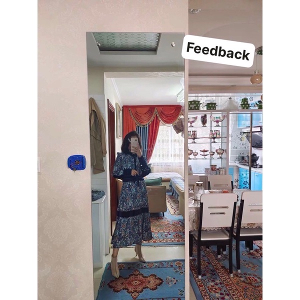 Đầm vintage hiện đại hoạ tiết phối nhung - Đầm đầm hoa dáng dài Hàn Quốc