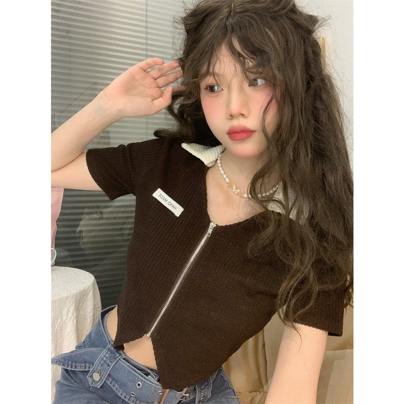 Áo croptop Xiaozhainv tay ngắn phối khoá kéo thiết kế quyến rũ