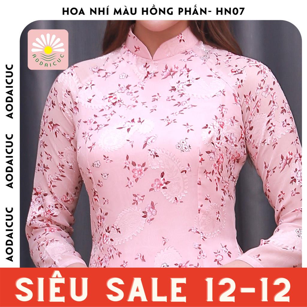 Áo dài truyền thống hoa nhí màu hồng phấn, cổ cao 3cm, tay lỡ, vải lụa cao cấp