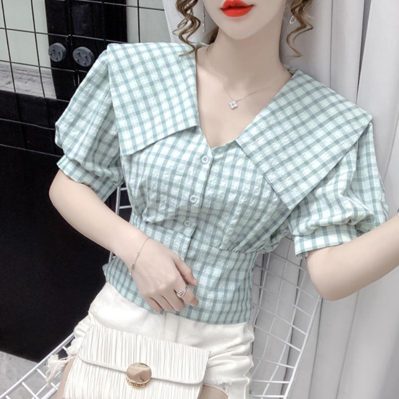 Jiashucheng Áo Sơ Mi Tay Phồng Cổ Búp Bê Họa Tiết Kẻ Sọc Thời Trang Mùa Hè Dành Cho Nữ